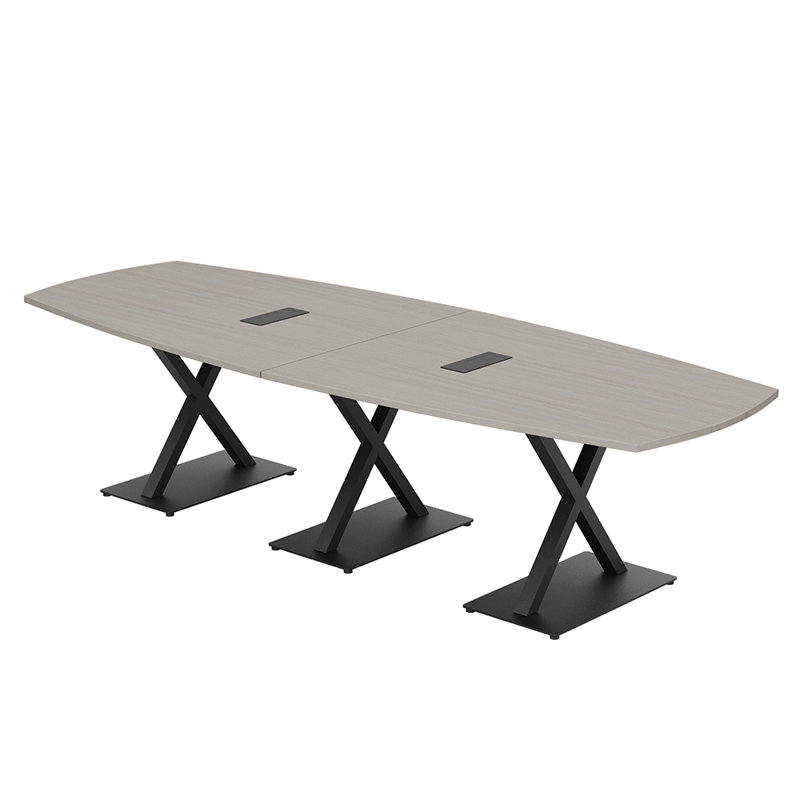 Pavert Arc Boat Conference Table with Metal X Base | Electrical Unit, 30"H x 120"W x 48"D, Lakeland Salt, Matte Black