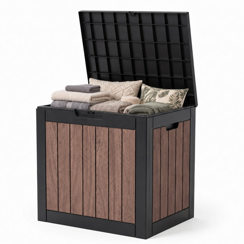 Boîte de rangement extérieure en résine - Embossage de grain de bois authentique, 35, Walnut