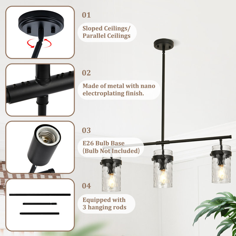 Levona 3-Light 31"  Hammered Glass Kitchen Island Pendant Light, Matte Black