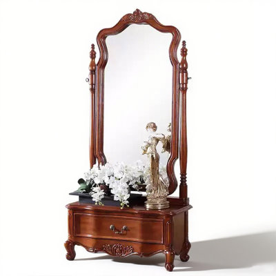 American-Style Rubberwood Frame Full-Length Mirror With Drawers