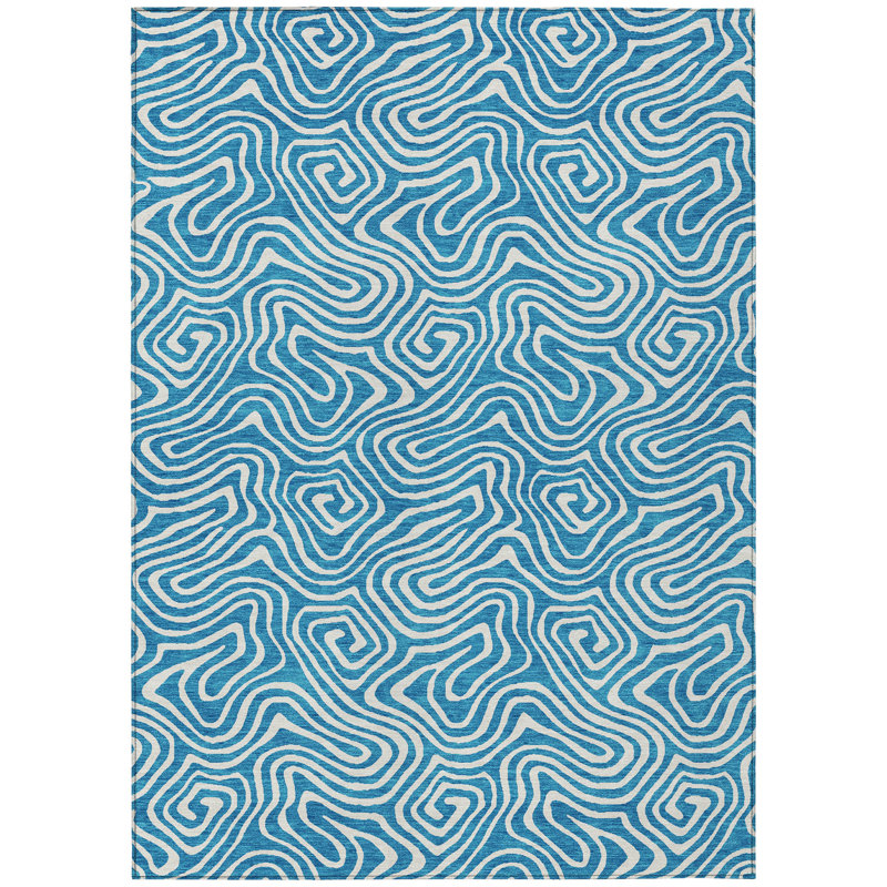 Tapis d'extérieur lavable abstrait bleu sarcelle et ivoire 5 pi x 8 pi