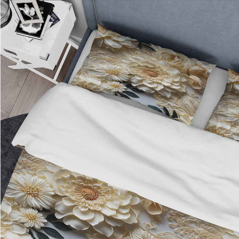 Ensemble de housse de couette Vintage White Flower Lace Bliss II Hamdah, Housse de couette pour grand lit et 2 taies décor