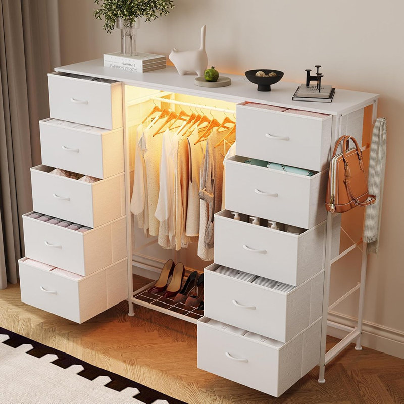 Commode 2 en 1 avec support suspendu, commode 10 tiroirs pour la chambre à coucher, commodes blanches avec lumières à DEL, station de charge et supports suspendus pour la chambre à coucher