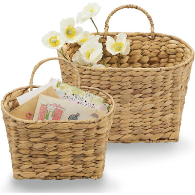 Set Of 2 Wicker Hanging Basket For Organizing, Front Door, Mail, Flowers - Woven Wall Baskets For Storage