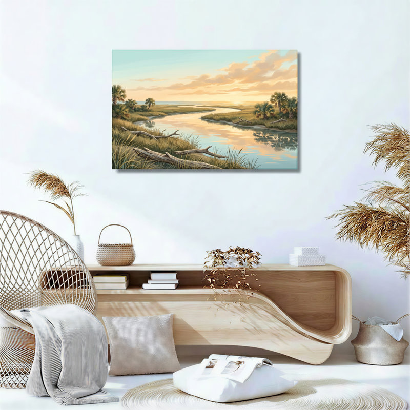 Ensemble de 1 tableau sur toile représentant une rivière au coucher du soleil, 12"H x 18"W, Toile tendue