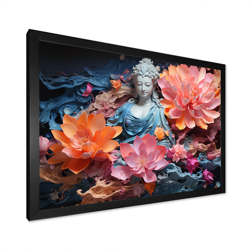 Statue de bouddhisme en fleurs sur toile, Cadre simple noir, H 30 po x l 40 po x P 1,5 po