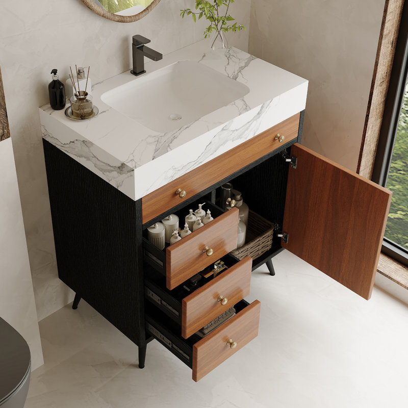 Meuble-lavabo autoportant moderne avec lavabo en céramique et plateau en pierre frittée, Blanc