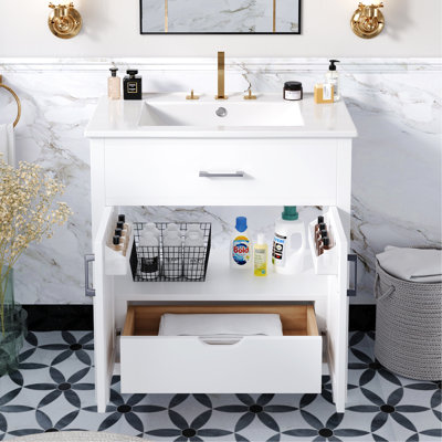 Meuble-lavabo blanc 30 po - Lavabo en céramique, bois massif +, grand espace de rangement, bois de décoration élégant et matériau, spacieux pour les accessoires