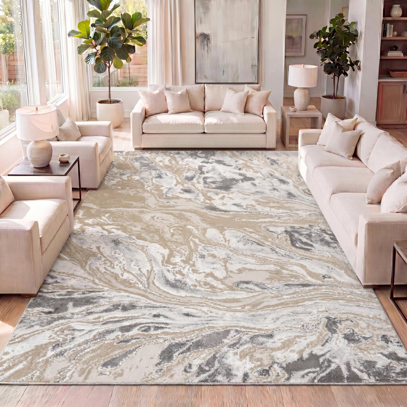Bille Marbled Abstract Beige/Ivory Rug, Rectangle 7'9" x 10'