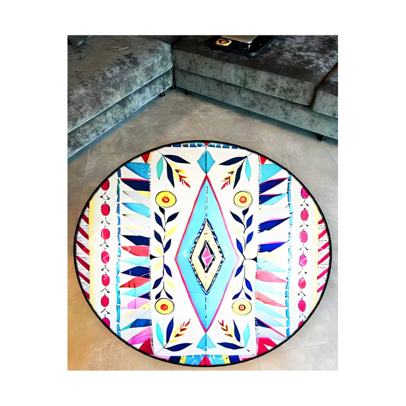 Multicolored Patterned Mixed Shapes Detailed Woven Base Modern Decorative Carpet, Round 2'8"