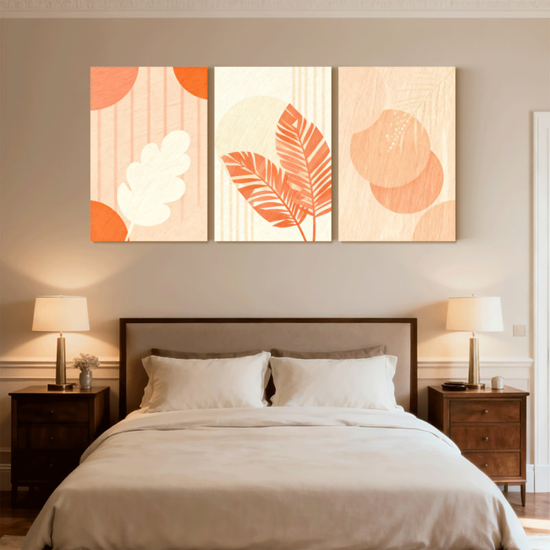 «Boho Contemporary», ensemble de 3 impressions sur toile à motif abstrait de feuilles et de cercles, H 30 po x l 60 po