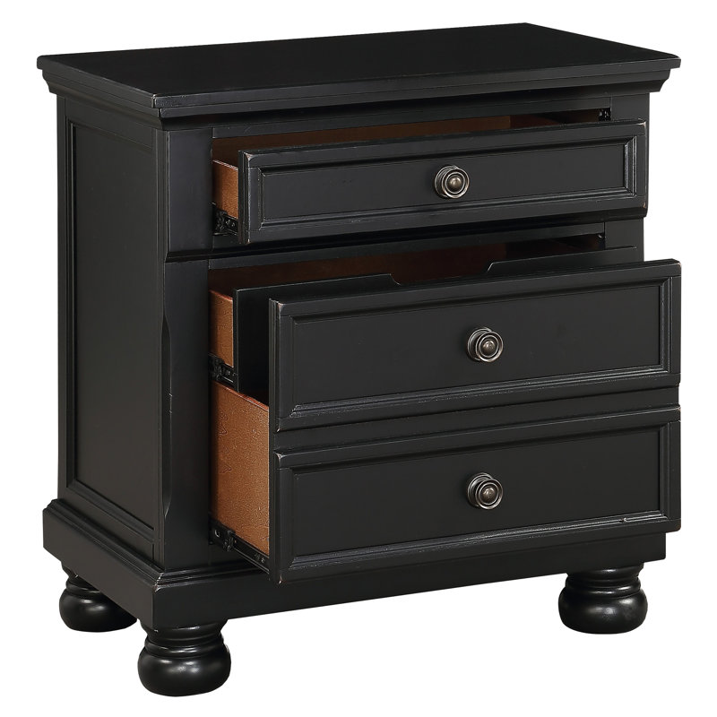 Transitional Bedroom Nightstand In Black, 2 Bearing Glide Drawers, Hidden Drawer Feature Furniture Compartment, Bronze Tone , No Assembly