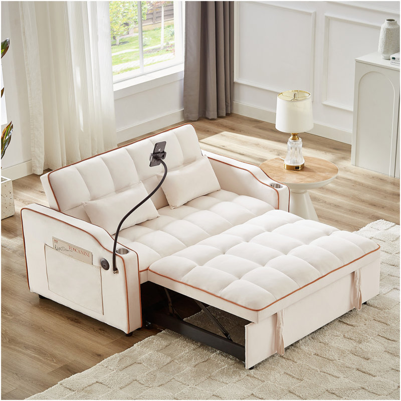 1 canapé-lit pliable polyvalent en 3 longueurs, 1 canapé-lit moderne en velours, un dossier réglable et un port USB, un cendrier et un support pour téléphone pivotant (beige)