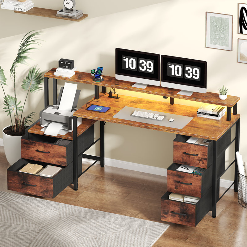 67'' Computer Desk with 4 Drawer, Printer Cabinet and Power Outlet, Rustic Brown