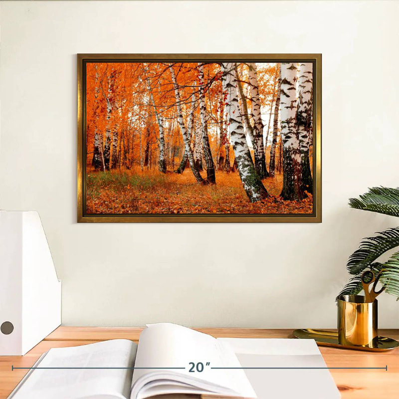 Forêt de bouleaux orange, Cadre flottant doré, 13 po x 9 po