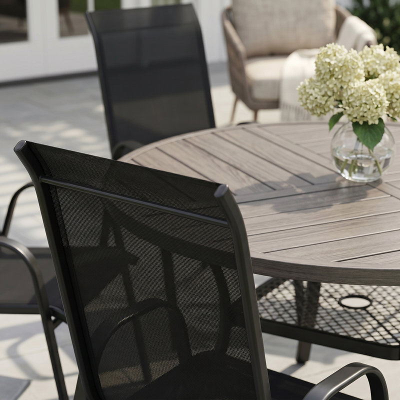 4-Person Round Patio Dining Set With Stackable Textilene Chairs, Brush Wood Gray/Black