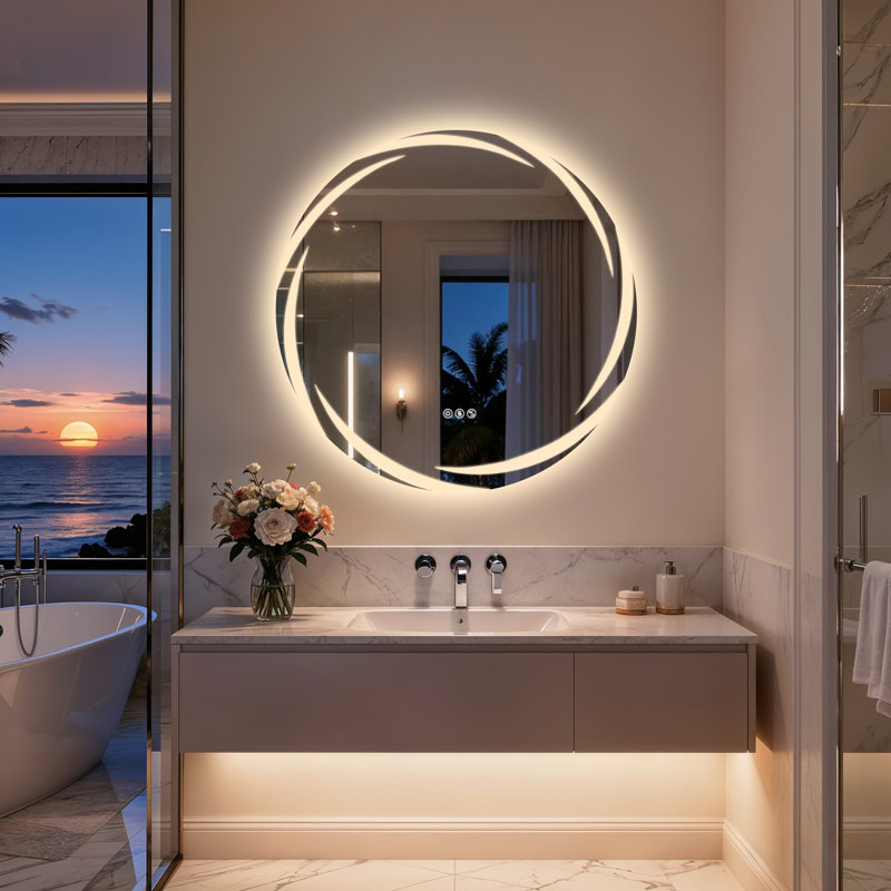 Miroir de salle de bain rond à DEL avec fonction anti-buée à intensité variable Bluetooth