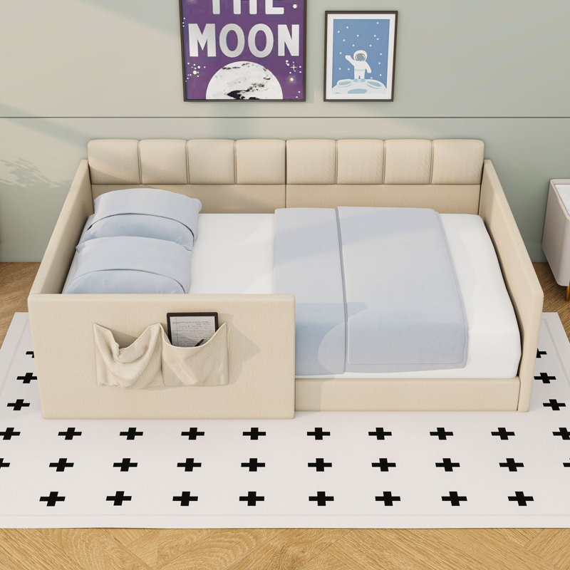 Velvet Daybed with Integrated Storage and Slats, Beige, Full / Double