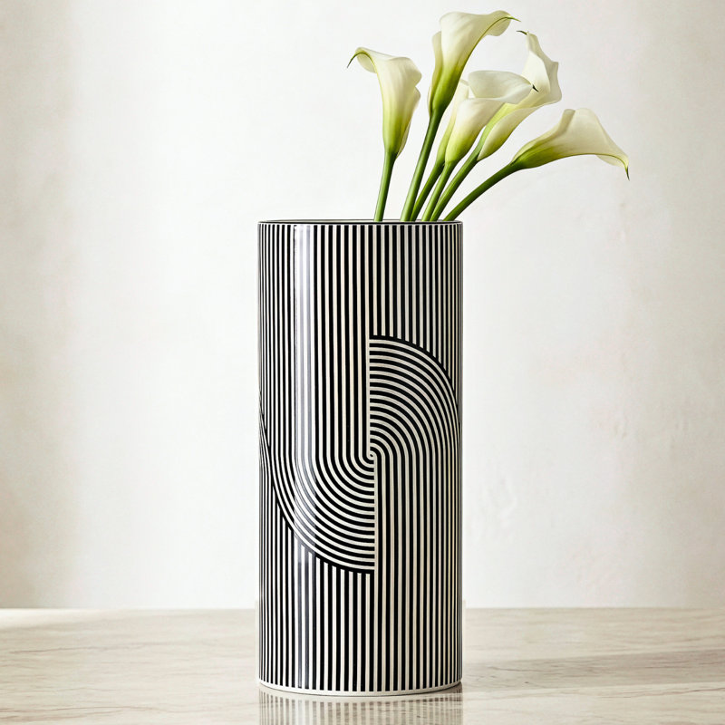 Op Art 12" Cylinder White Ceramic Vase