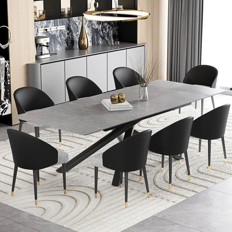 102'' Extendable Dining Table Set With Sintered Stone Dining Table And 8 Faux Leather Dining Chairs, Gray, Black/Gray