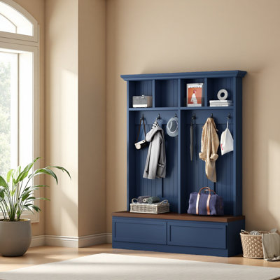 Farmhouse 4-In-1 Hall Tree With Wood Grain Bench, Mudroom Versatile Coat Rack With 2 Large Drawer, Entrance Organizer For Hallway, Living Room