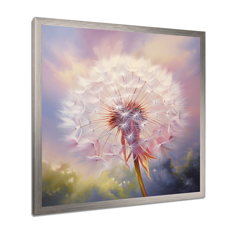Impression romantique pissenlit mauve II - Pissenlit, Cadre simple argenté, H 16 po x l 16 po x P 1 po