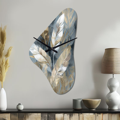 Gold And Grey Impressions Of Bohemian Energy II - Boho Feather Irregular Shape Metal Wall Clock, Traditional Asymmetrical Wall Clock Print