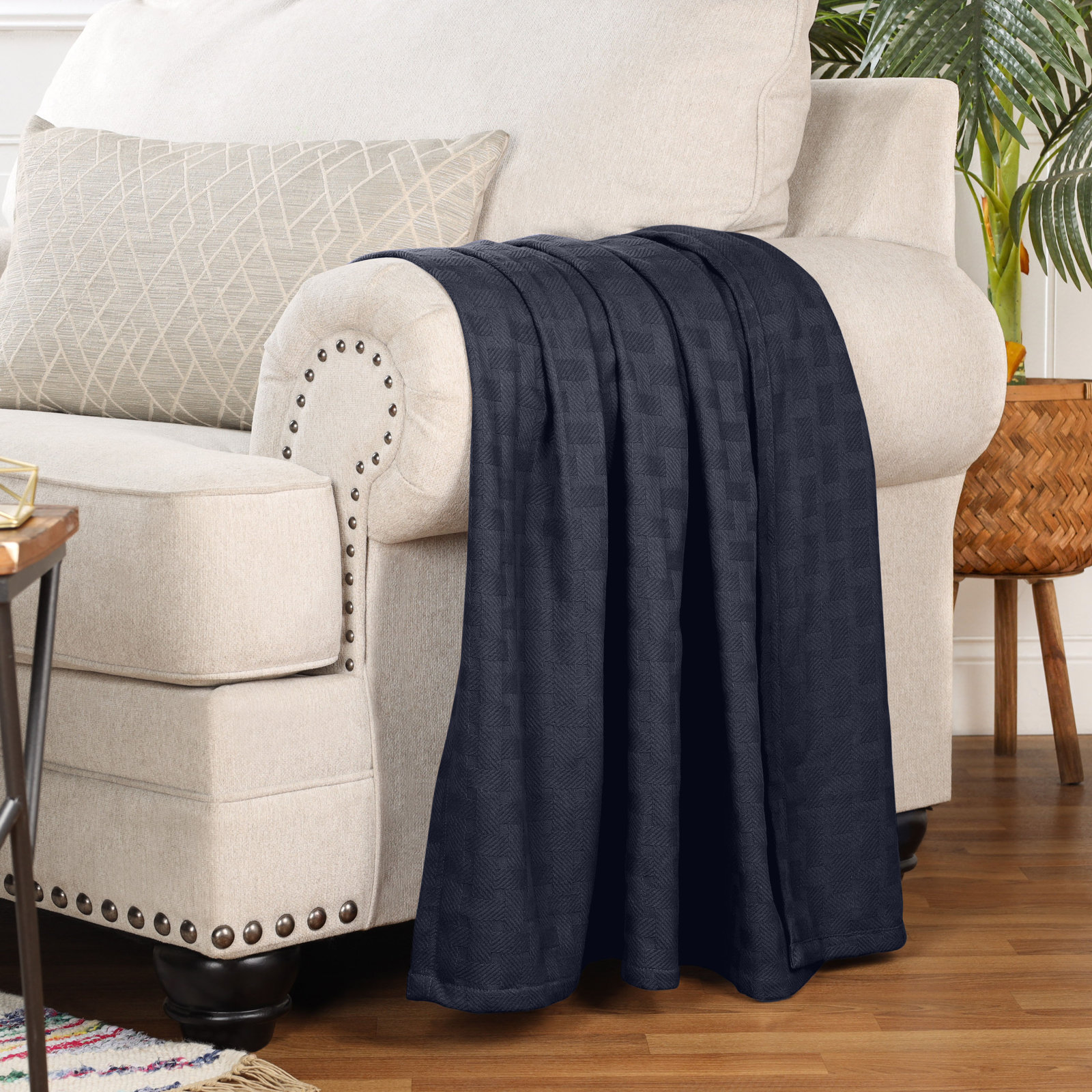 Bertie Cotton Machine Woven Throw Blanket, Navy Blue, Twin