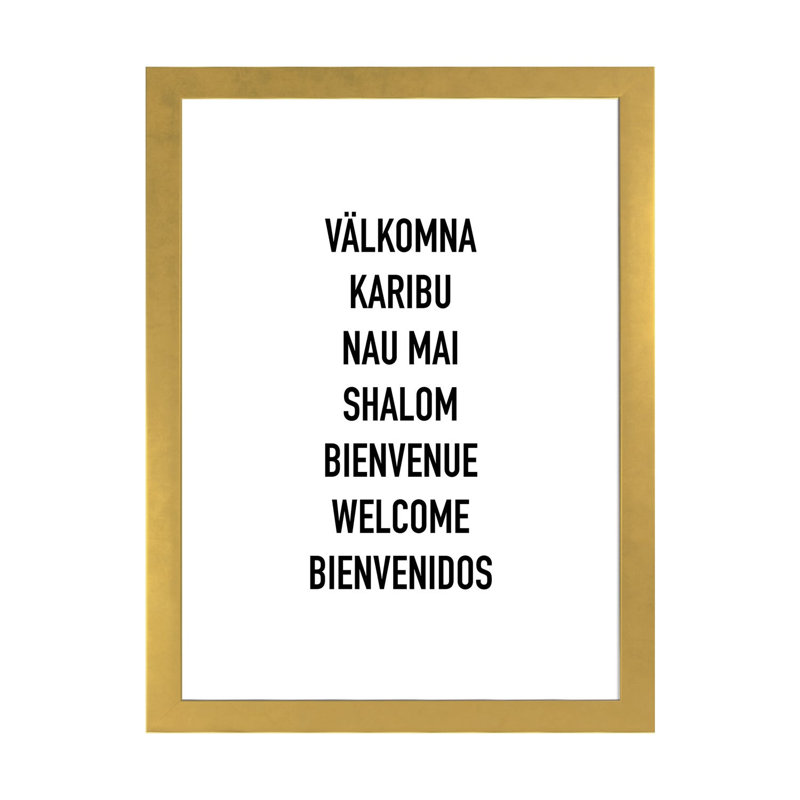 Welcome languages-impression d’art textuel, Blanc, Papier encadré doré, H 32 po x l 24 po x P 1 po
