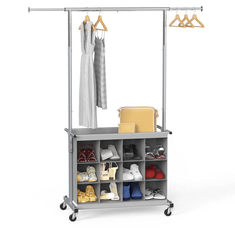Rebrilliant Grey Garment Rack with Extensible Hanging Rod & 16-Shoe ...