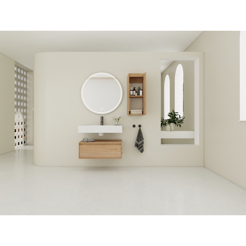 Porte de meuble-lavabo mural 30 po en contreplaqué 2 pièces avec lavabo en céramique et armoire latérale