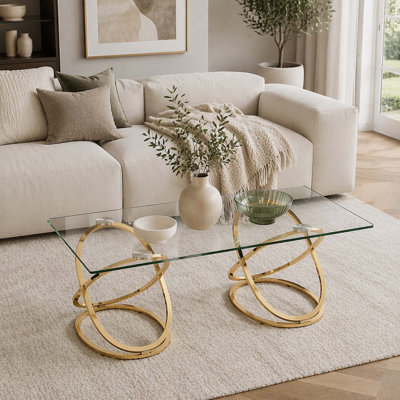Table basse 31,5 "en verre rectangulaire moderne avec cadres en forme d'anneau, structure en métal et verre trempé transparent, centre de table luxueux pour le salon, la chambre à coucher et le bureau, doré