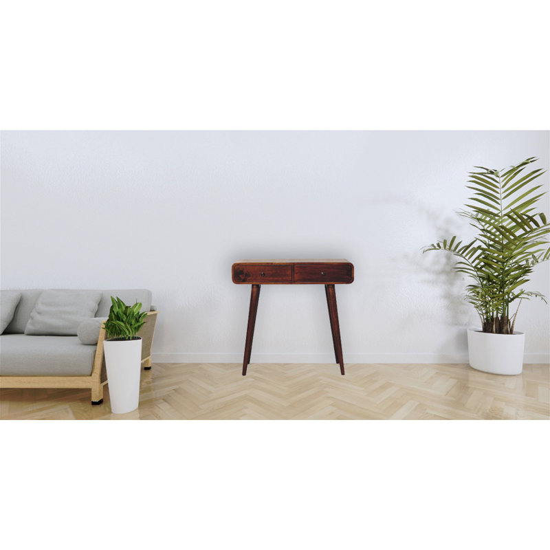 Solid Wood Chestnut Curved Hallway Table, 2-Drawers, Nordic Legs, Dark Brown