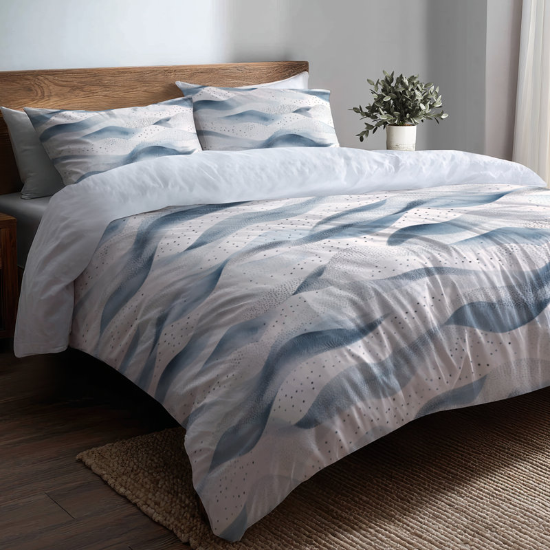 Dots Bedding Set 3 Pcs - Modern Dotted Wave Silver Blue Duvet Cover And Throw Pillow Set, King Duvet Cover + 2 King Shams