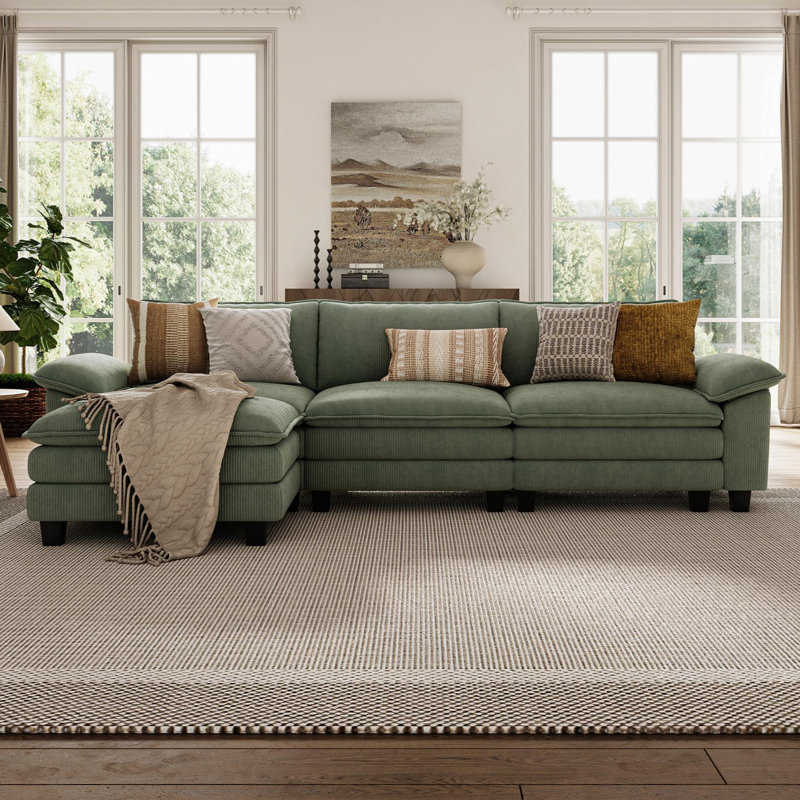 Colbey 123'' Upholstered L-shape Modular Cloud Sectional with Ottoman, Green