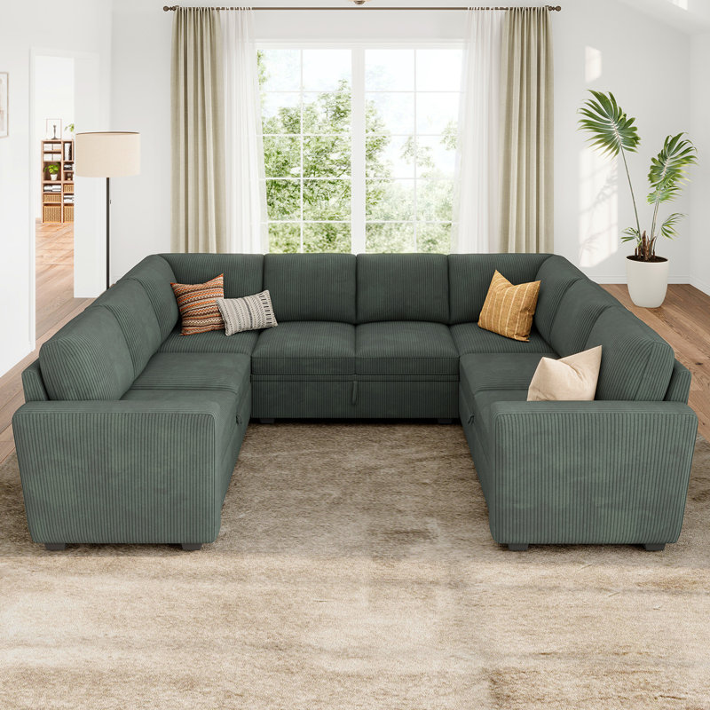Latitude Run® Modular Sleeper Sectional Sofa Convertible U Shaped Sofa Bed, Green Couduroy