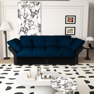 3 - In 1 Blue Sleeper Bed, 74.8" Long, Velvet Upholstery, 2 Soft Pillows, Support, Easy To Use Queen Convertible Velvet, Function, Frame, Quick Setup