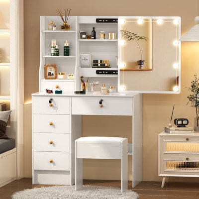 Coiffeuse de maquillage avec miroir coulissant éclairé à DEL, ensemble de meuble-lavabo moderne blanc avec 5 tiroirs et tabouret rembourré pour la chambre à coucher