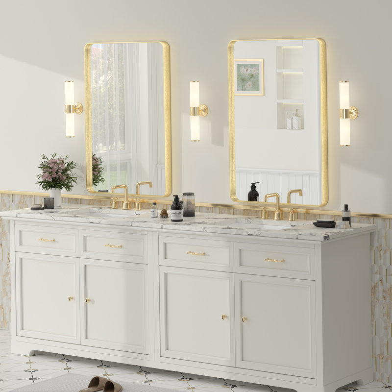 Molly Tempered Glass and Metal Framed French Cleat Mounted Wall Bathroom / Vanity Mirror, 36" x 24", Gold