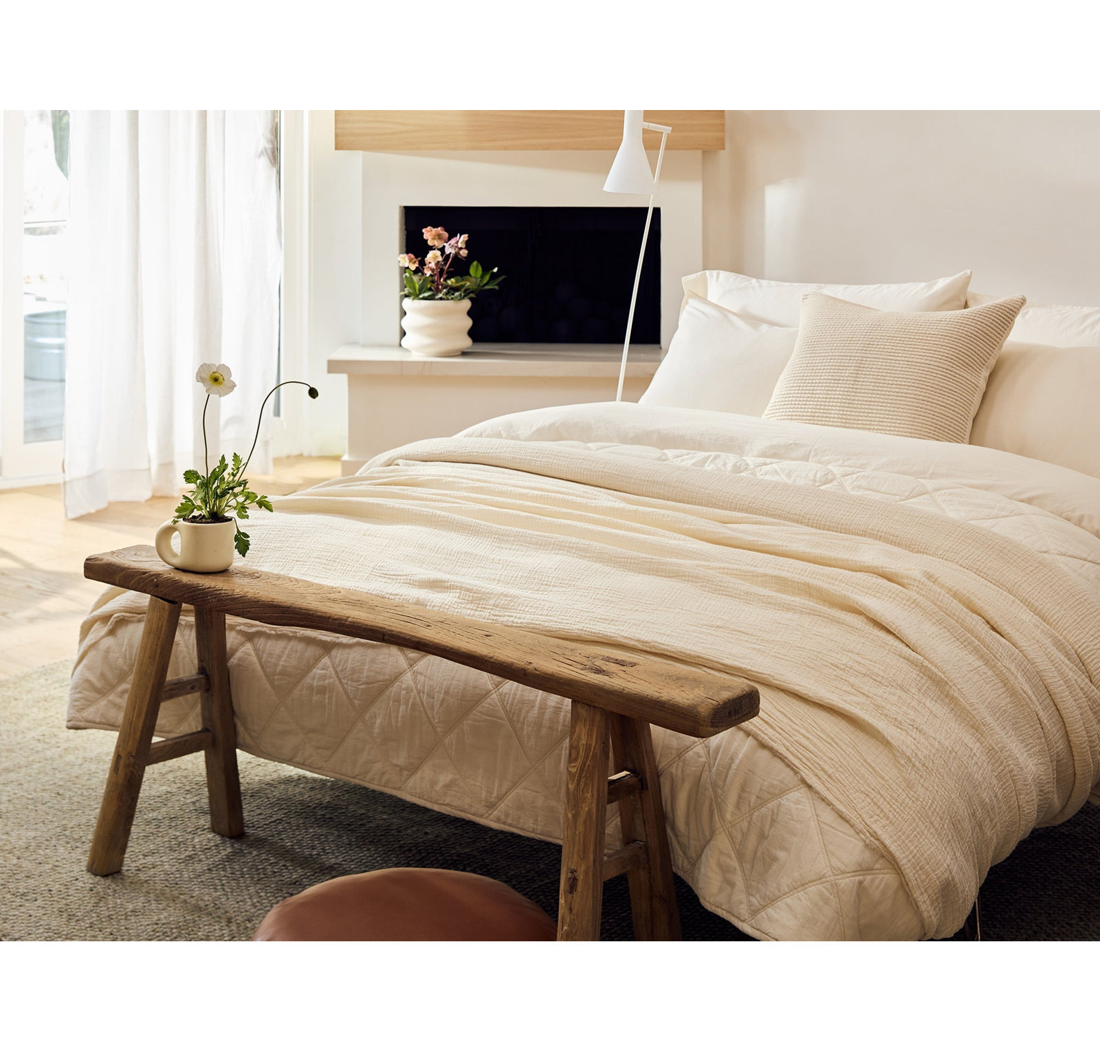 Diamond-Stitched Organic Cotton Comforter Set, King Comforter, Undyed