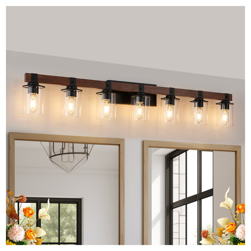 Applique murale de salle de bain industrielle 50 po à 7 lumières avec abat-jour en verre et accent de bois 50 po Rustic