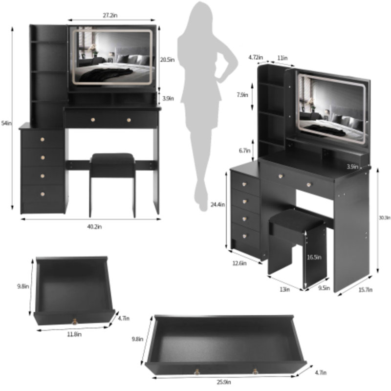 41" Large Left-Sided Vanity Set With LED Mirror & Cushioned Stool – Touch Control, 3-Color Lighting, Multi-Layer Storage – Modern Dresser For Spacious Bedrooms