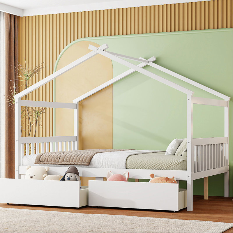 Lit double en bois blanc avec tiroirs, construction solide, toit en ciel, espace de rangement, 2 têtes de lit pour structure en pin robuste, vêtements créatifs,