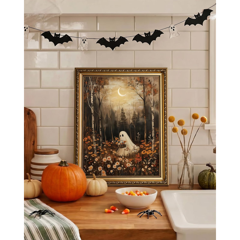 Toile encadrée à l'ambiance mystérieuse et mignonne pour chambre ou salle de bain - Œuvre d'art - Cache-cache avec de mignons fantômes