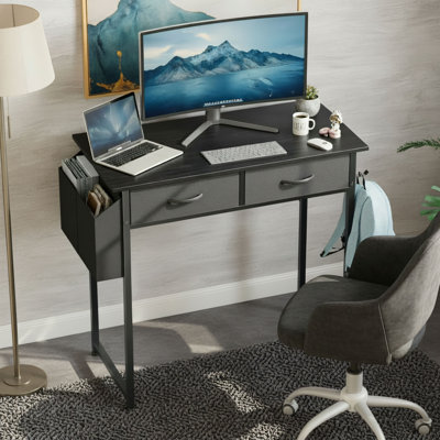 Solid Black Small Multi-Purpose Table, Bedroom Office, Gaming And Study Table, With Fabric Drawers, Side Pockets, Headphone Hooks, And Adjustable Legs.