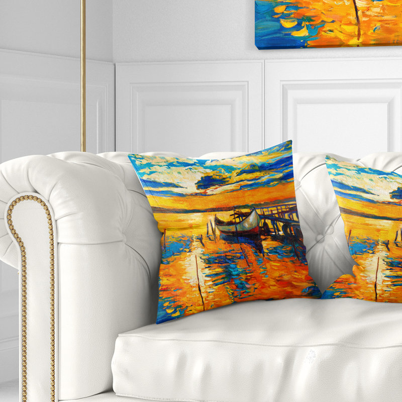 Coussin lombaire paysage bateau et jetée au coucher du soleil, 16 po x 16 po, Carré