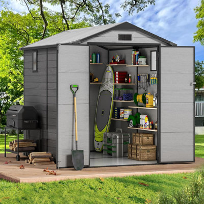 Remise de rangement extérieure en résine durable de l 6 pi x P 8 pi avec plancher, remise de jardin en plastique imperméable et résistante aux rayons UV pour les outils de jardin, les vélos et l'équipement, remise de rangement durable pour l'extérieur