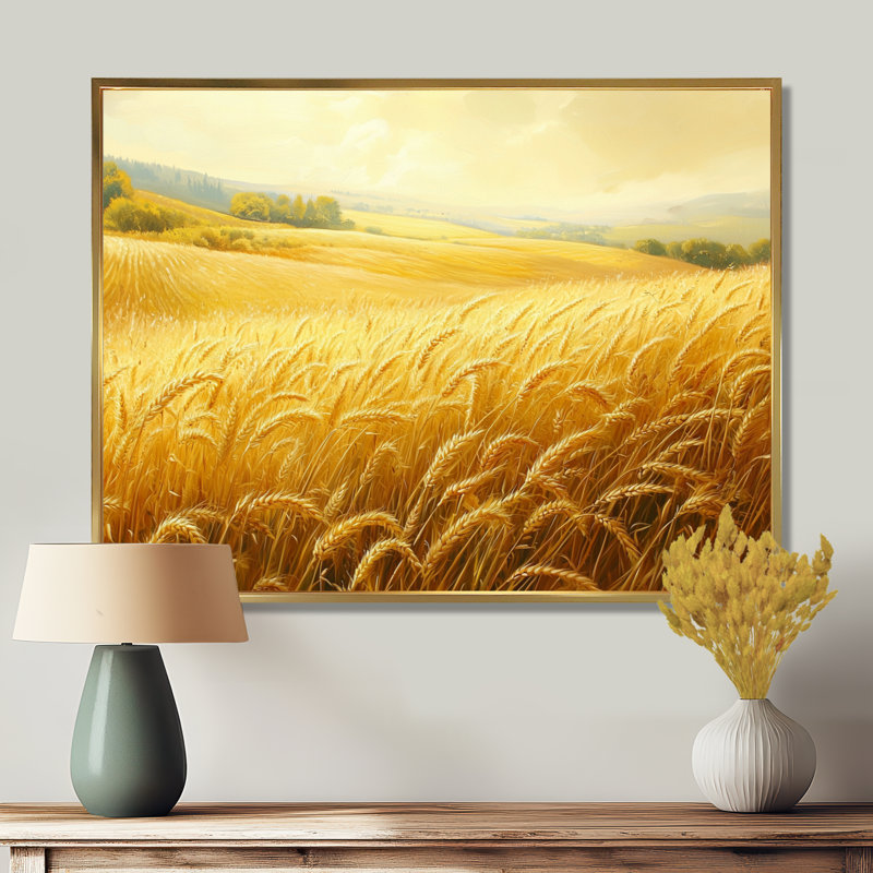 «Countryside Golden Fields In Summer Light II», art mural campagne, H 34 po x l 44 po, Cadre flottant, Doré