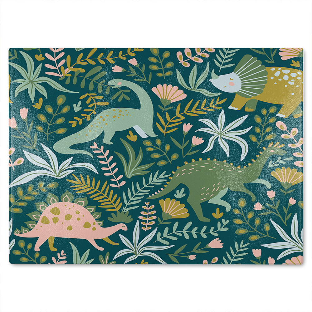 Hand drawn dinosaurs and tropical leaves and flowers. Designer Glass Chopping Board