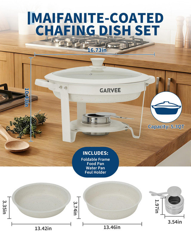 Ensemble de buffet à vaisselle rond 5QT de 4 - Couvercles transparents, cadre en acier inoxydable, revêtement blanc pour les fêtes, les mariages et la restauration
